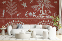 Neutral and burnt orange wallpaper for a contemporary bedroom suite.