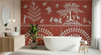 Symmetrical geometric wall mural for a warm, inviting apartment entryway.