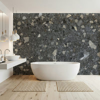 Sleek marble chips mural. Rich, dark aggregate design.