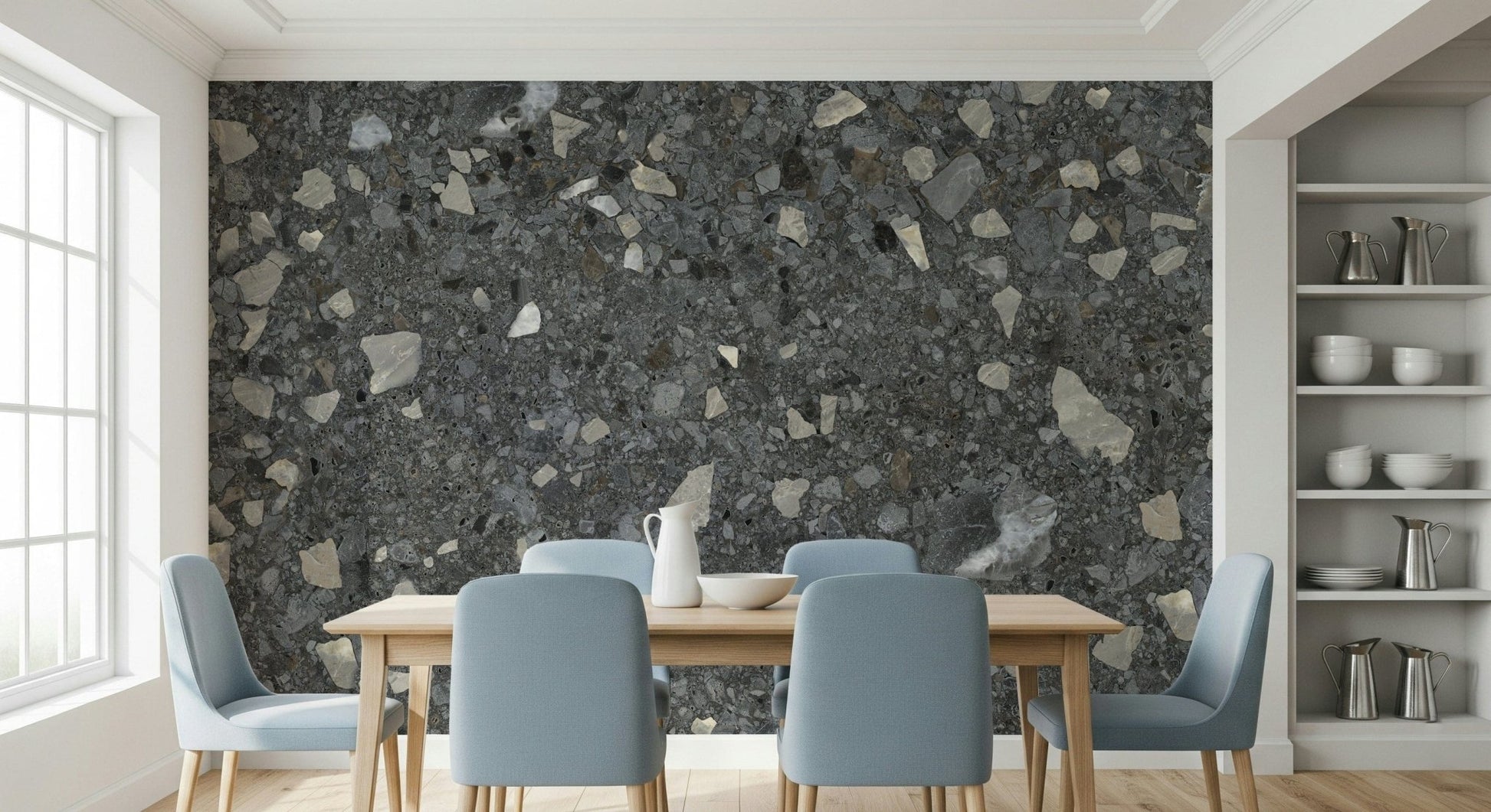 Charcoal Terrazzo wall mural. Grey marble pieces composite finish.