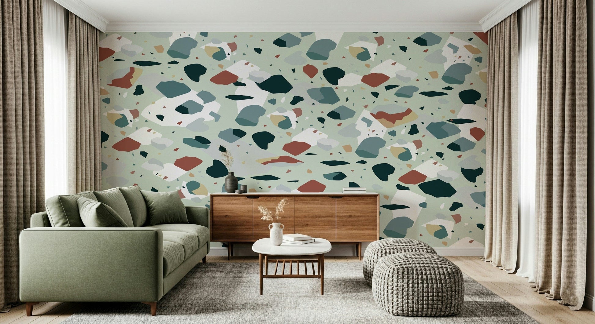 A calming abstract design wallpaper mural that defines a space.