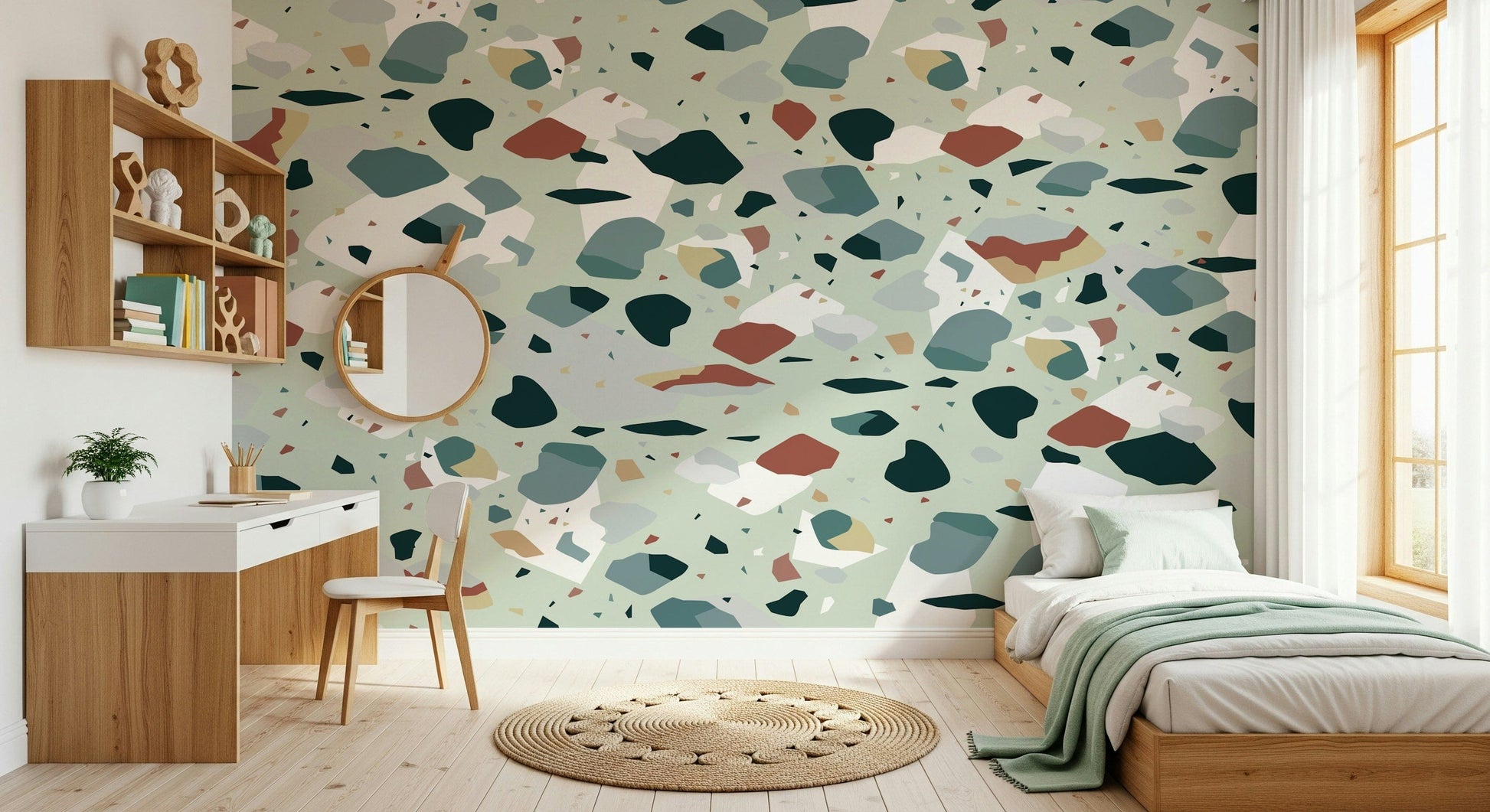 A contemplative speckled texture wallpaper mural for a feature wall.