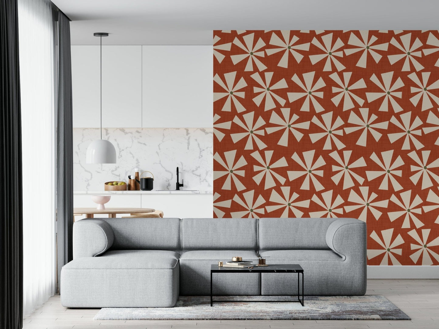 Abstract retro wallpaper featuring radiating petal motifs on a sunset orange field.