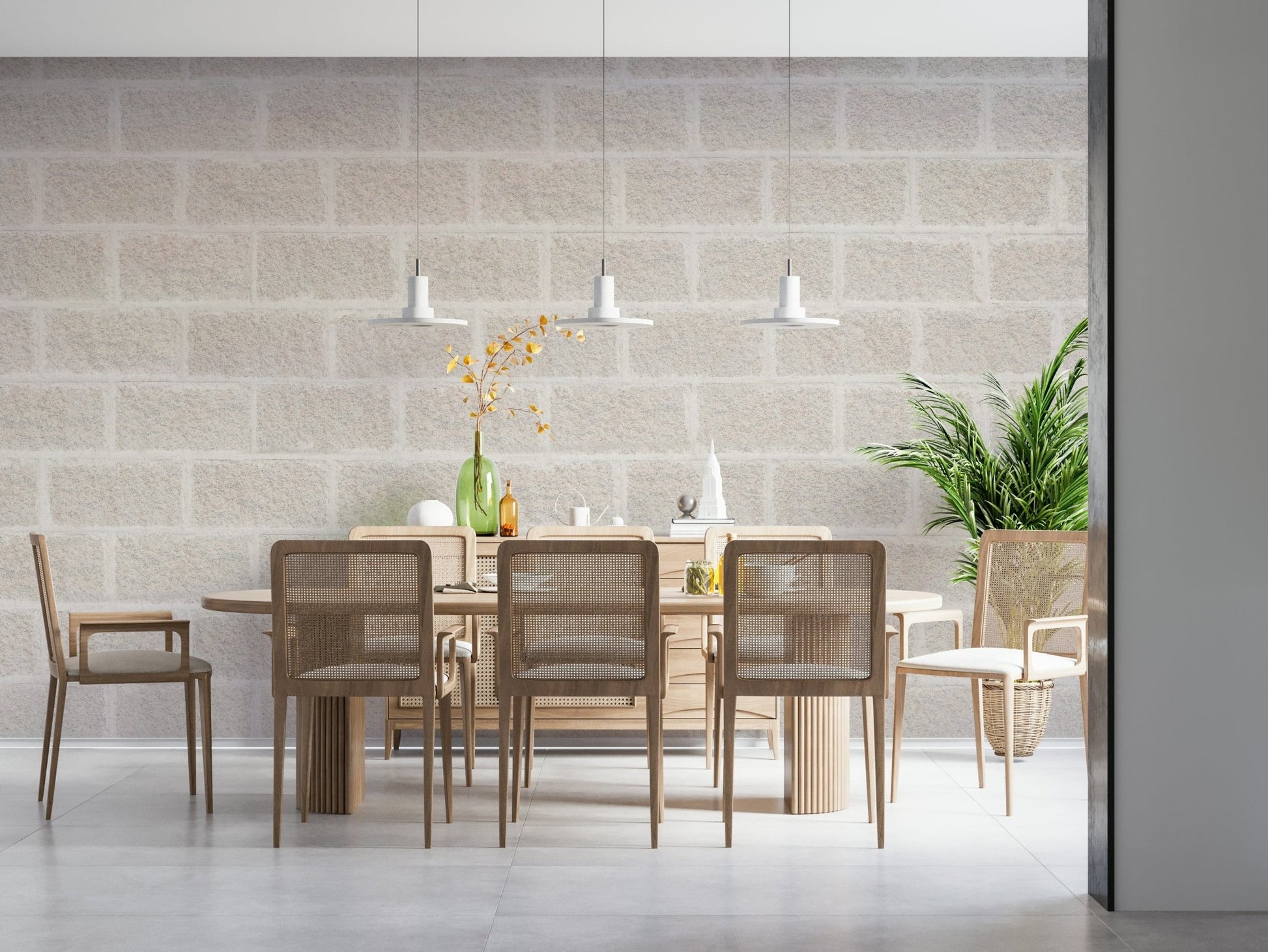 Neutral-toned brick wall mural with three-dimensional texture for accent walls in living rooms or offices.