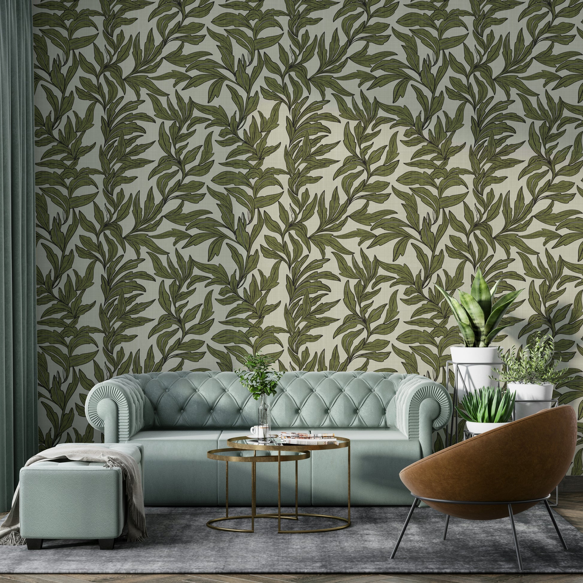 Textured wall mural with botanical elements

