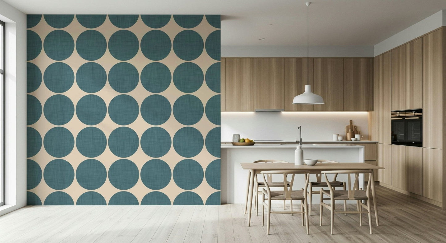 Bold geometric design with textured teal disks creating a playful repeating motif