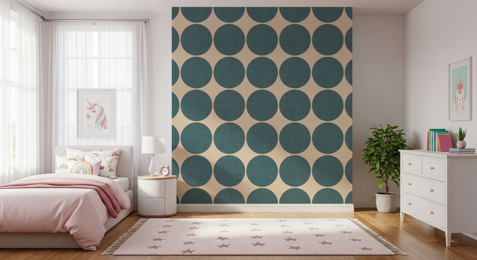 Wallpaper featuring large teal round shapes repeated in neat rows for a modern, graphic look