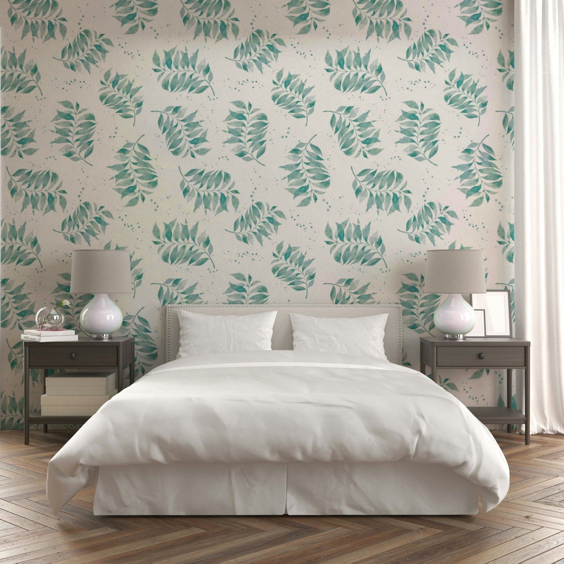 Hand-drawn palm leaves in calming aqua wallpaper

