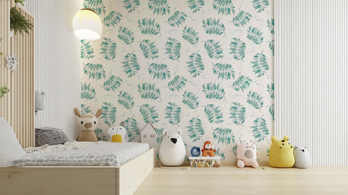 Textured watercolor palm leaf wallpaper in aqua

