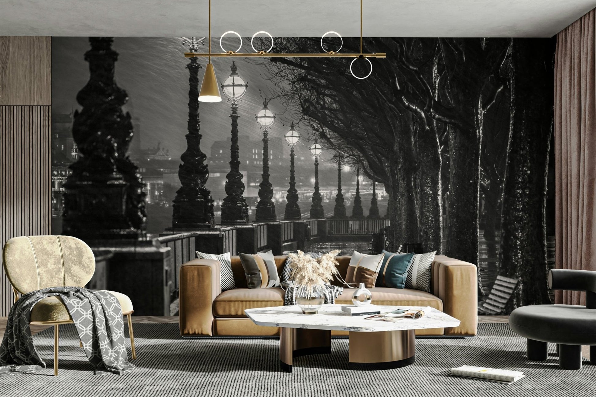 The room feels sophisticated and dramatic due to the classic photography.

