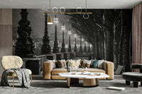 The room feels sophisticated and dramatic due to the classic photography.

