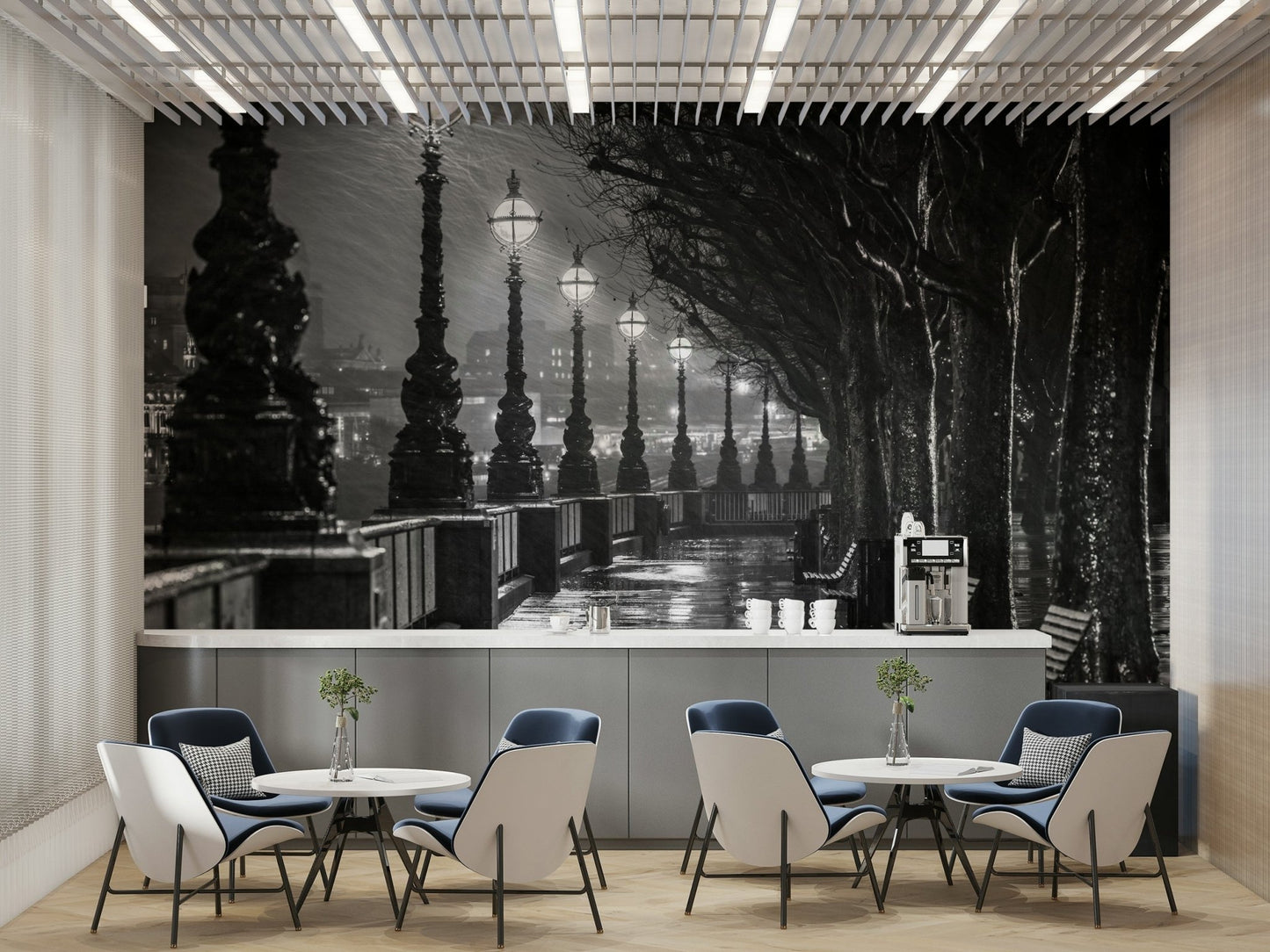 The print captures fine details of the light reflections on the wet ground.

