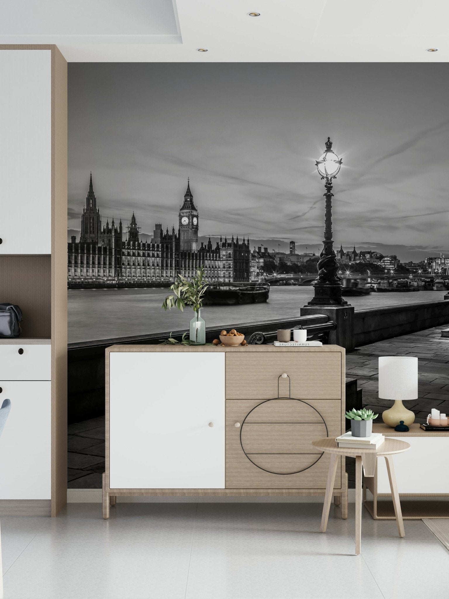 Iconic London riverbank wallpaper, benches and railings contrast with distant palace structure.