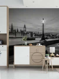 Iconic London riverbank wallpaper, benches and railings contrast with distant palace structure.