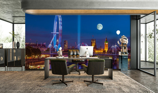 A wall mural featuring a peaceful, panoramic city view.

