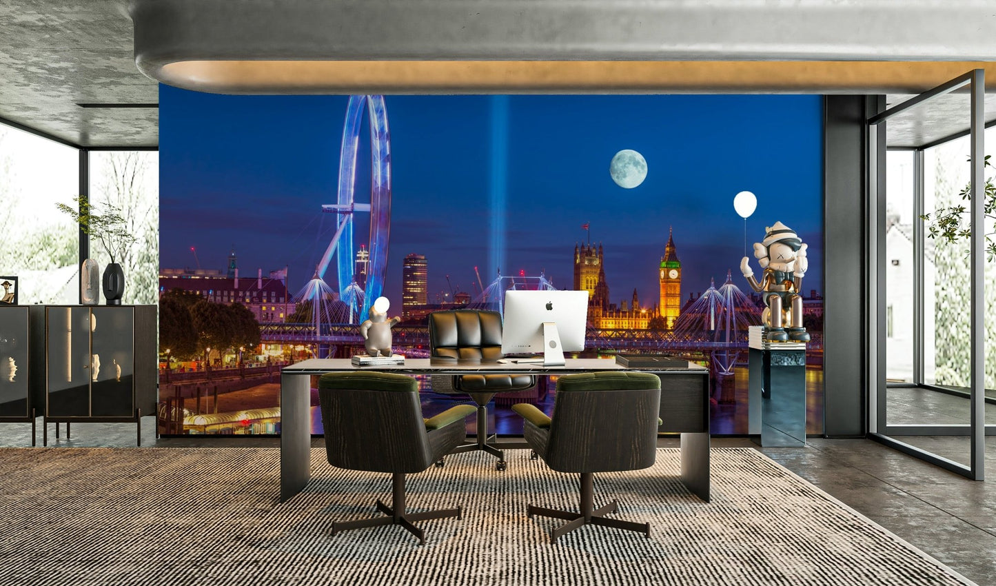 A wall mural featuring a peaceful, panoramic city view.


