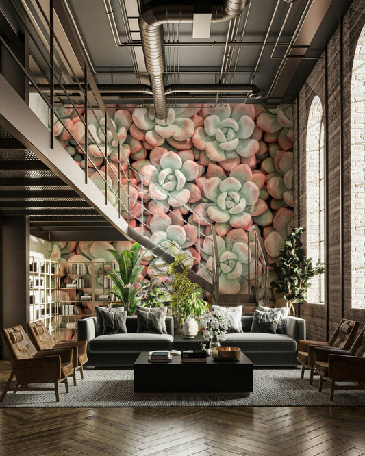 Succulent rosette mural wallpaper close-up

