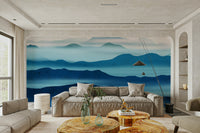 Pale blue and slate valley mural installed in a minimalist hallway.