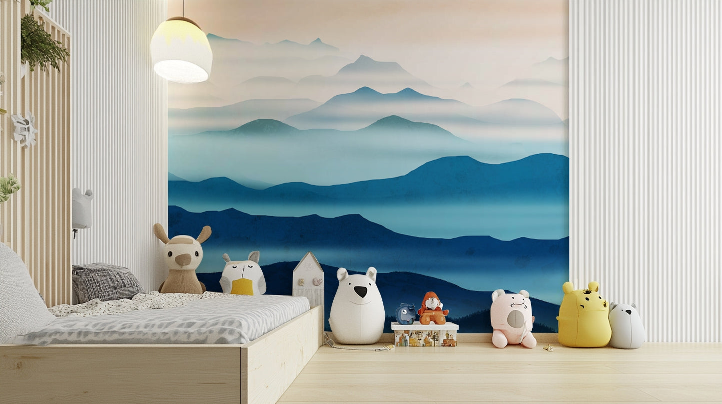 Indigo mountain outlines on a white canvas for a clean look in a modern flat.