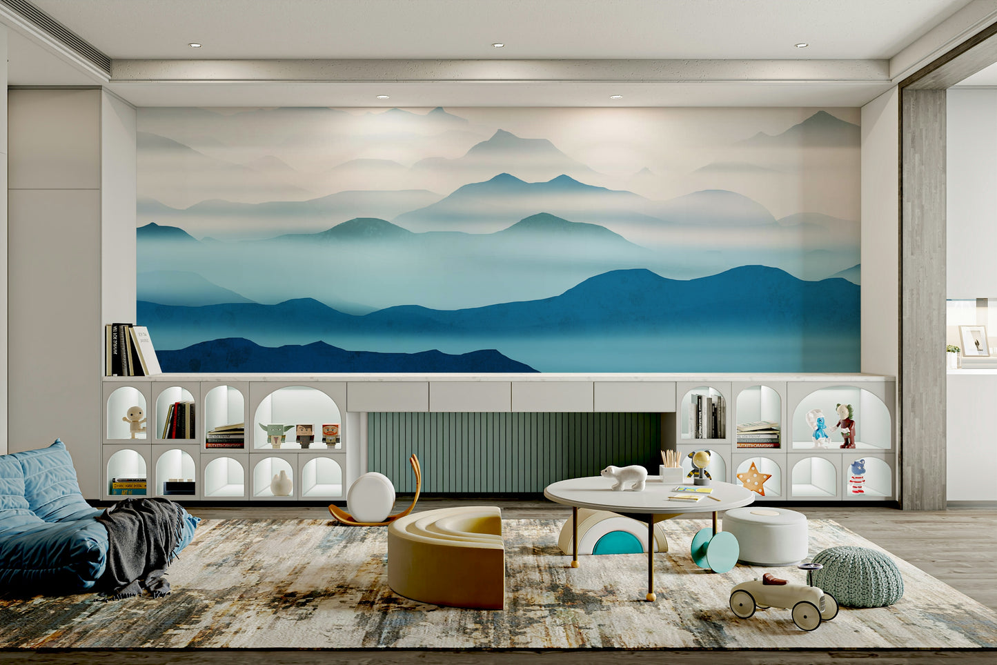 The Blue Valleys Mural Wallpaper featuring watercolor ridges in a bright Victorian flat.