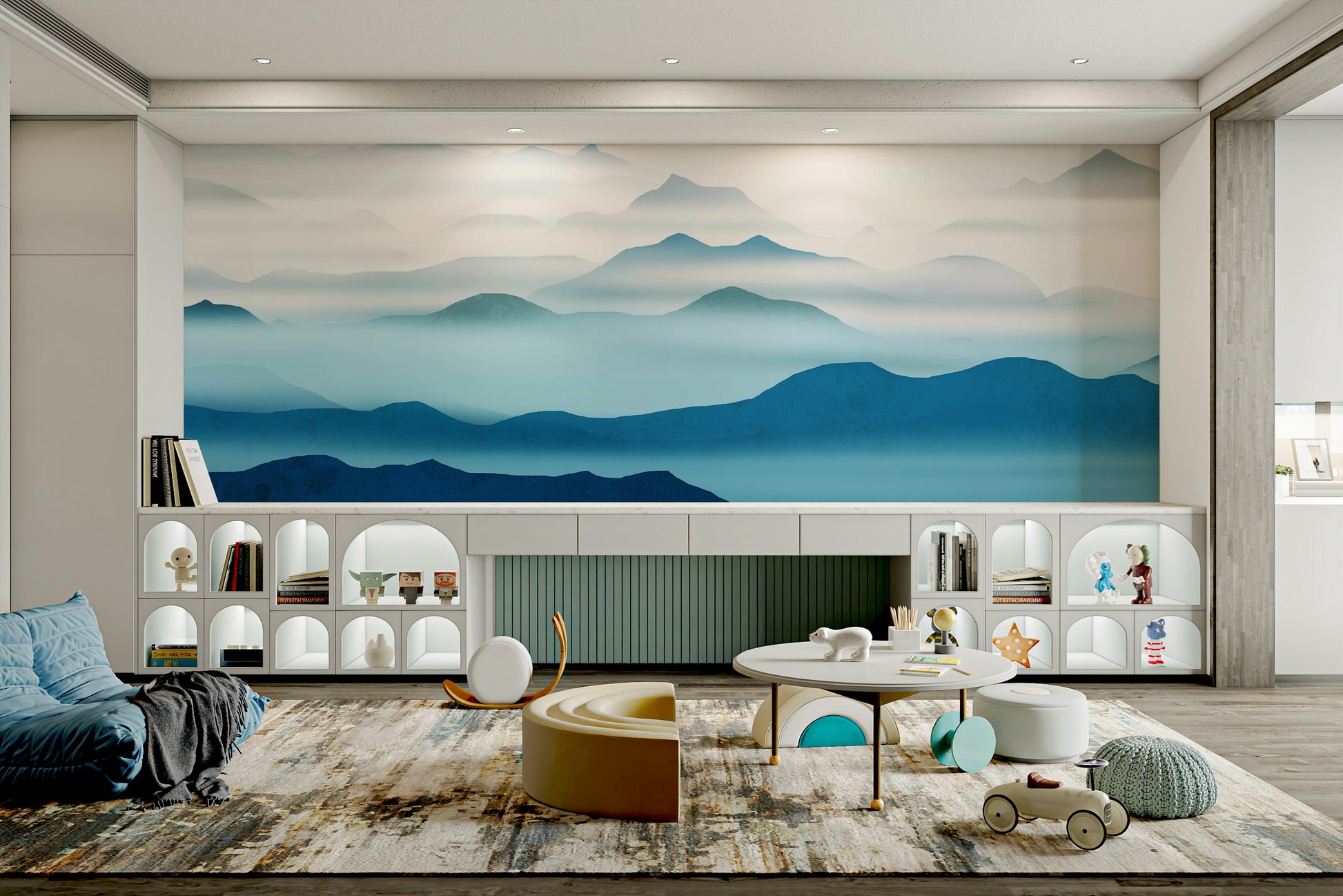 The Blue Valleys Mural Wallpaper featuring watercolor ridges in a bright Victorian flat.