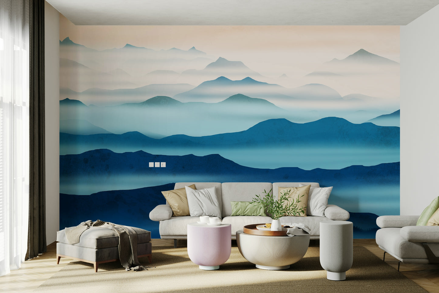 The Blue Valleys Mural Wallpaper used as a feature wall in a contemporary home office.