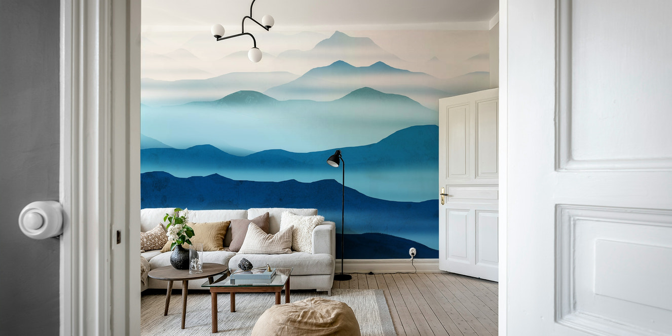Delicate misty mountain wallpaper in a modern home décor scheme for a master bedroom.