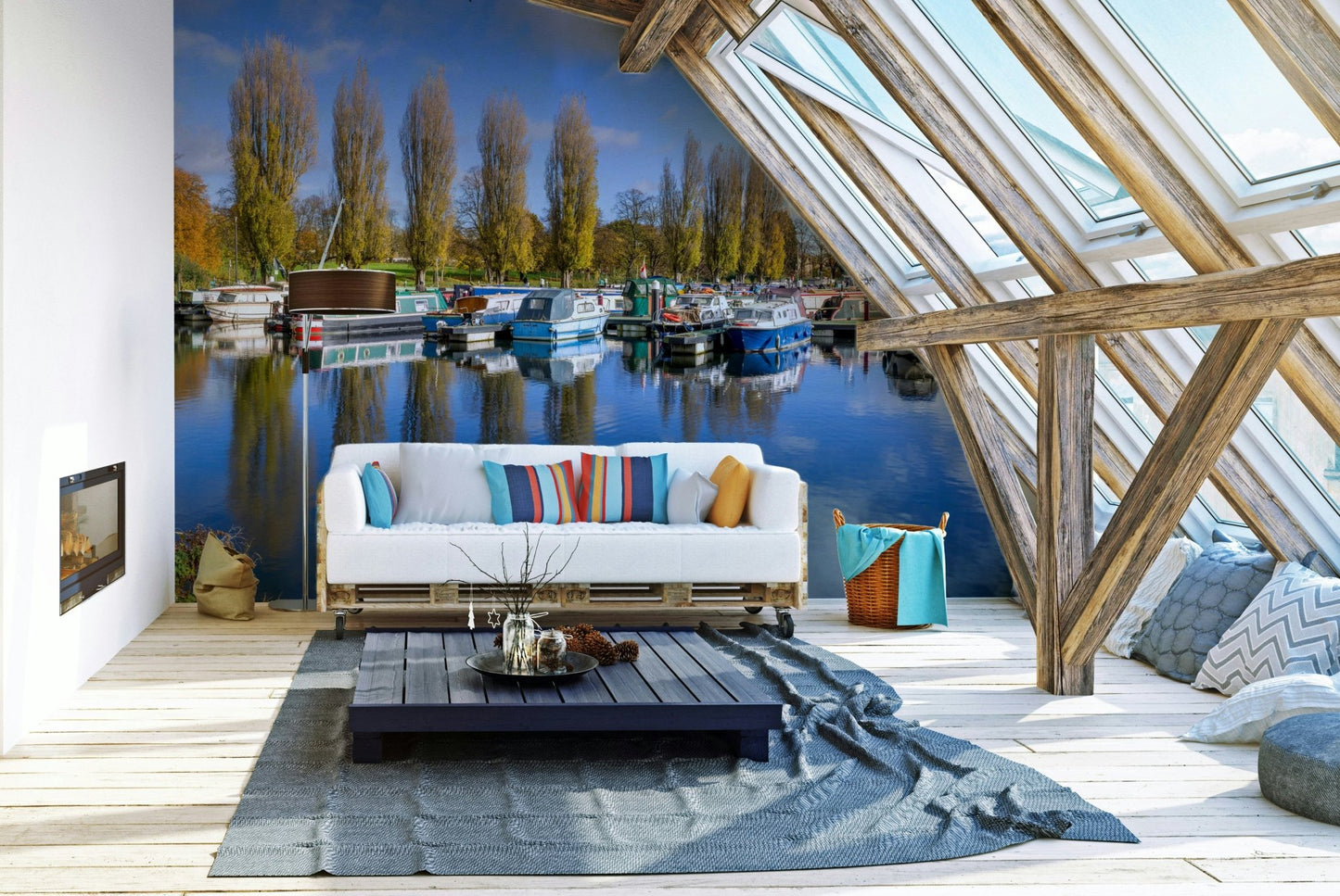 Blue water boating marina with moored vessels mural

