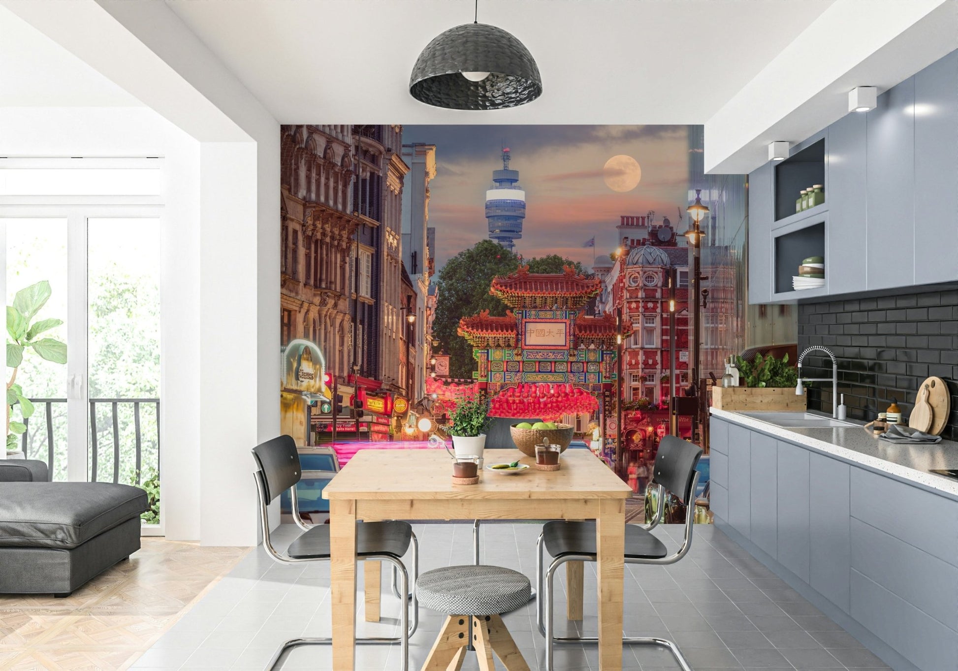 The moon visible in the twilight sky
