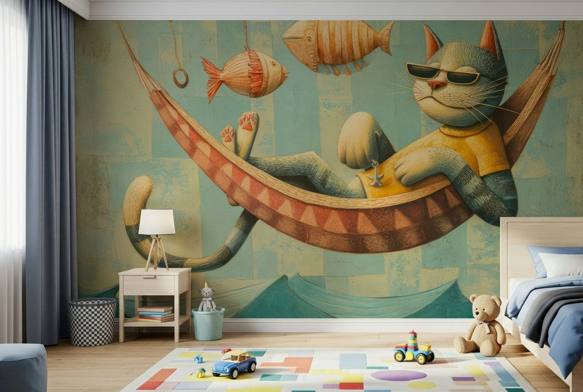 The Cat's Seaside Siesta wallpaper mural with a sunglassed cat in a hammock above a blue kids bed and toy-car rug