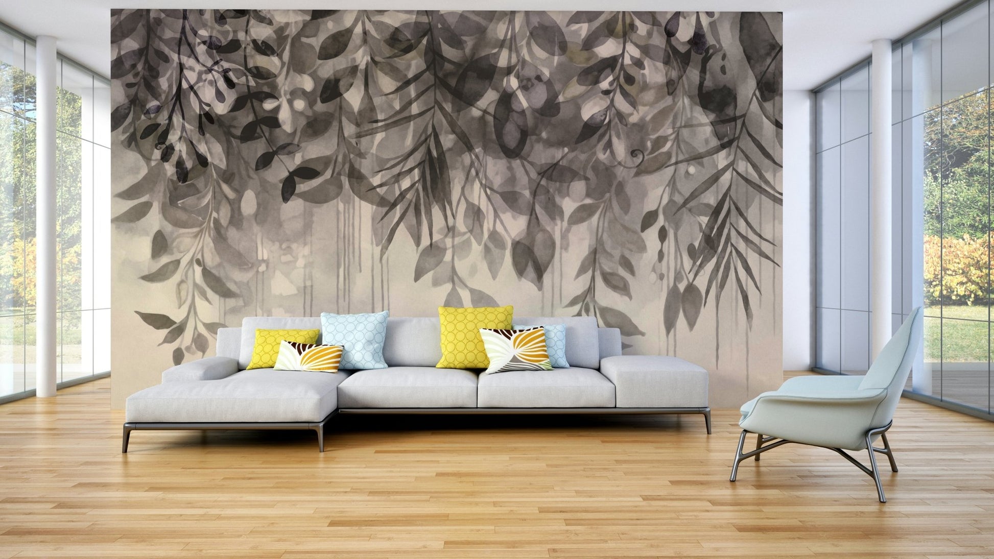 Hanging leaves wall mural in neutral tones

