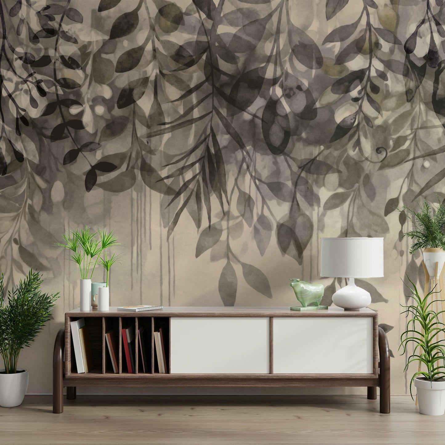 Minimalist botanical wallpaper in beige and grey

