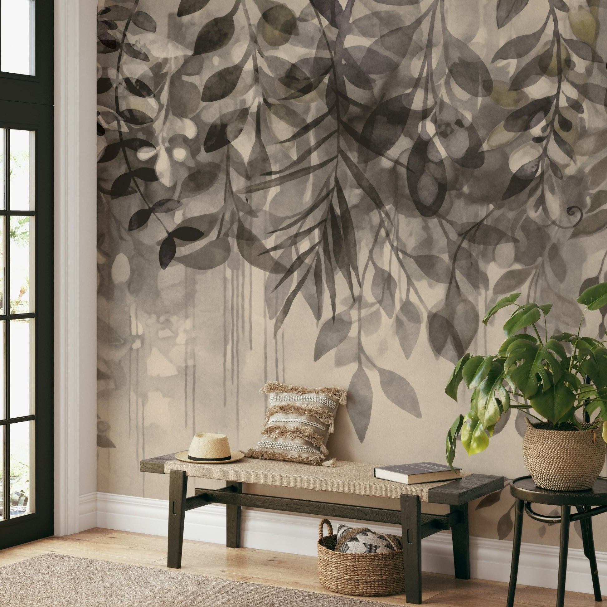 Soft beige and grey foliage mural wallpaper

