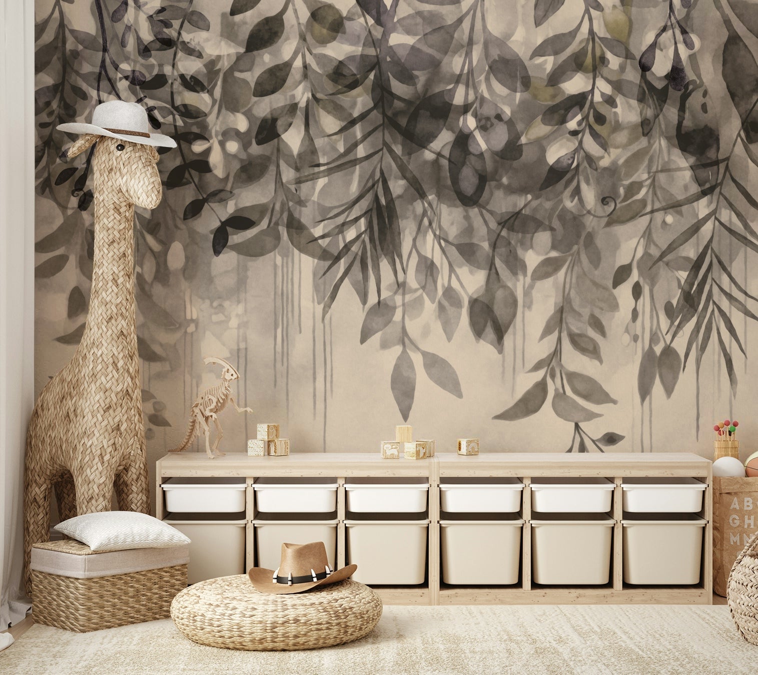 Cascading leaf design mural in soft colors

