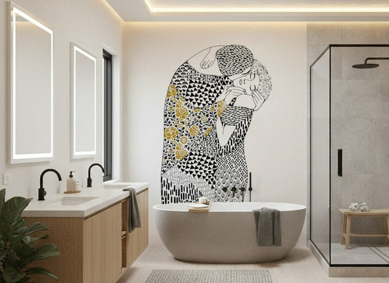 The Kiss wallpaper mural of an embracing couple behind a freestanding tub in a modern bathroom