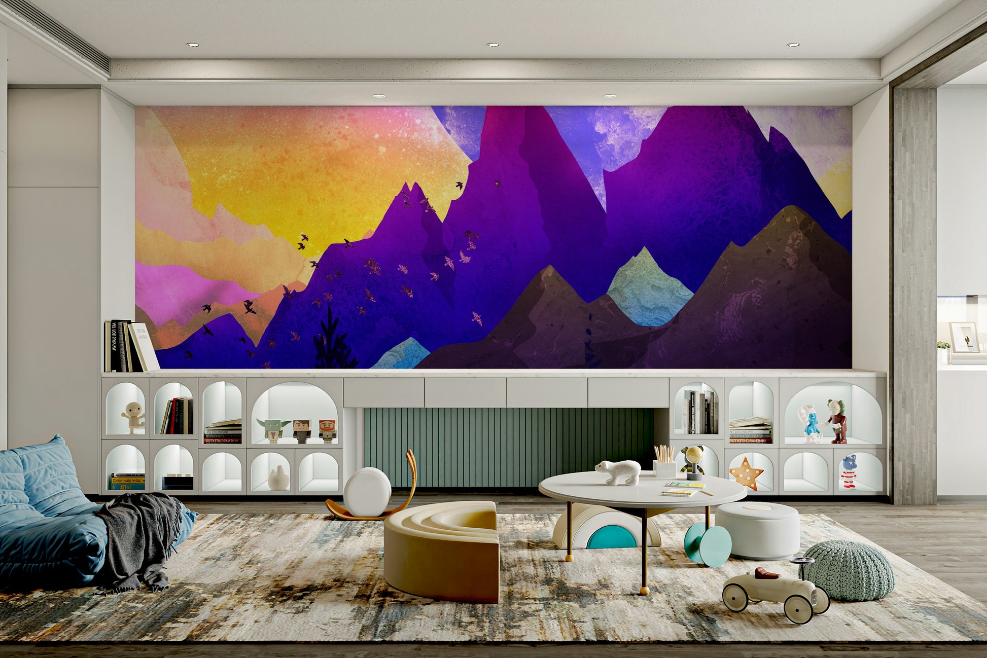 Living room The magical colorful mountains mural on feature wall, modern color