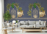 Reading corner mural with arch pattern, navy and beige tones, minimal modern styling for small spaces