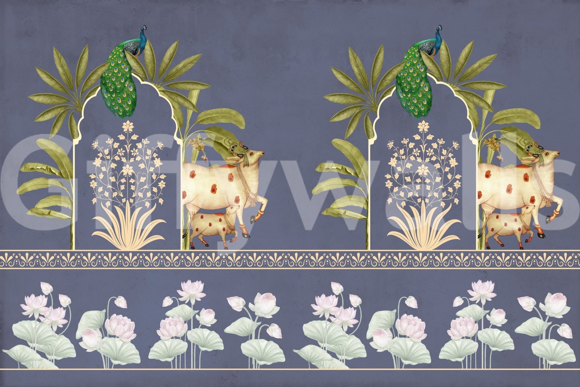 Office reception wall mural with arch motif, rich blue tones and neutral background, professional feature wall