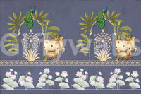 Office reception wall mural with arch motif, rich blue tones and neutral background, professional feature wall