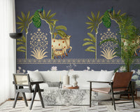 Home office accent wall mural with arch pattern, deep blue and warm neutrals, tidy desk backdrop