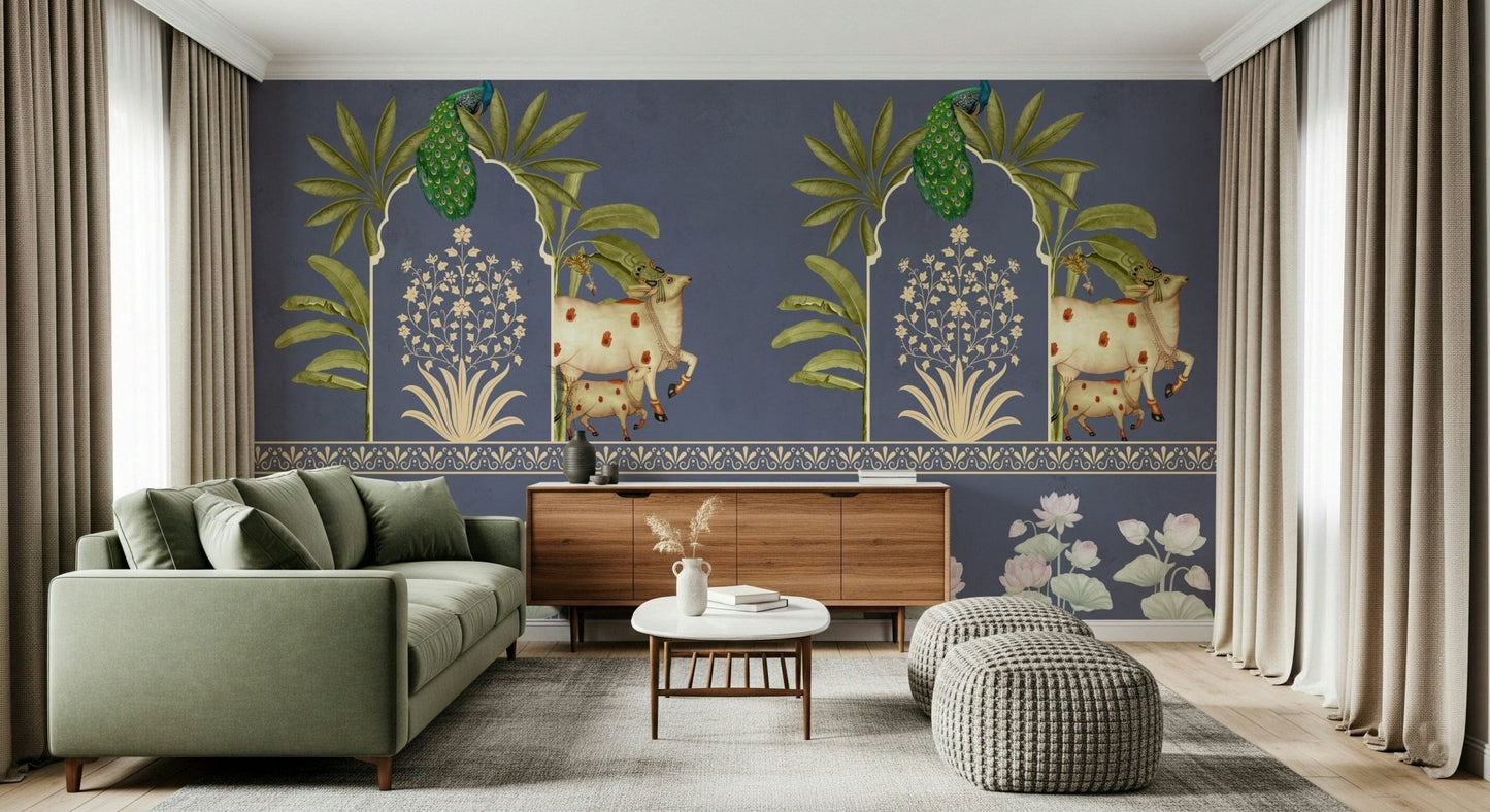 Arch-style wallpaper mural for bedroom, navy and sand color palette, modern wall decor behind headboard