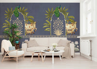 Lounge accent wall mural, arched design in deep blue with cream details, modern wall decor finish