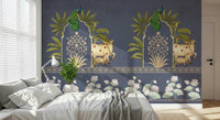 The Neelambar Arch wall mural in modern living room, deep blue arch motif with beige accents, feature wall behind sofa