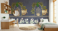 The Neelambar Arch mural in apartment entryway, bold blue arches on light background, clean modern look
