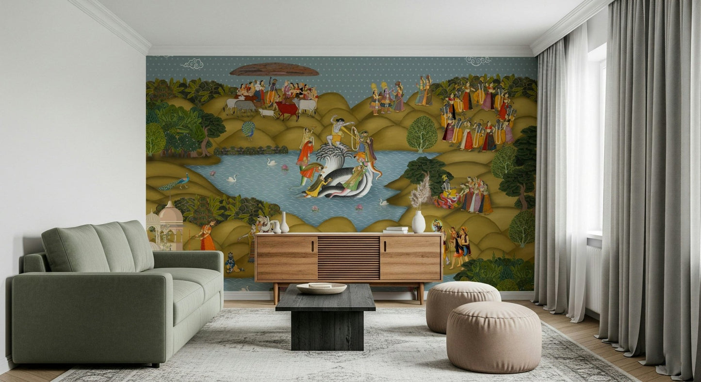 Traditional Indian palace mural with mythological figures, hills, and flowing water