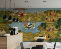 Indian palace mural with layered hills, rivers, trees, and human figures