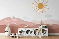 Wall mural with whimsical scenery and a castle in the distance.

