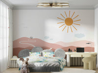 Enchanted mural of a winding trail through trees to a peaceful castle.

