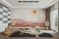 Dreamy mural showing a path leading through nature to a quiet castle.

