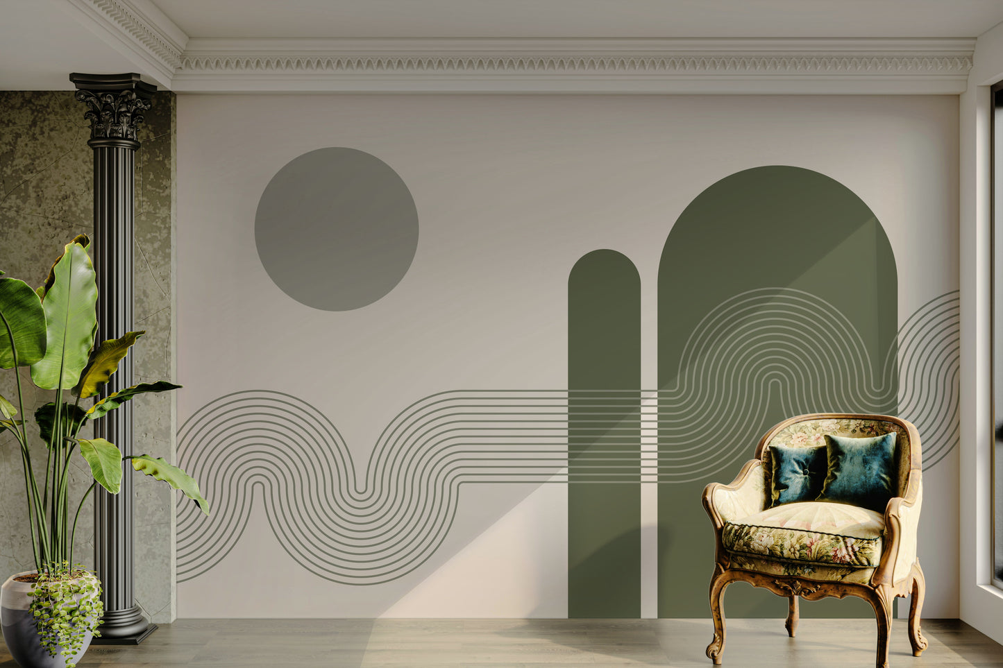 Artistic wall mural with fluid geometric curves

